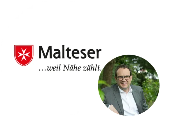 Logo des Malteser Hilfsdienstes mit Porträt von Christoph Friedrich